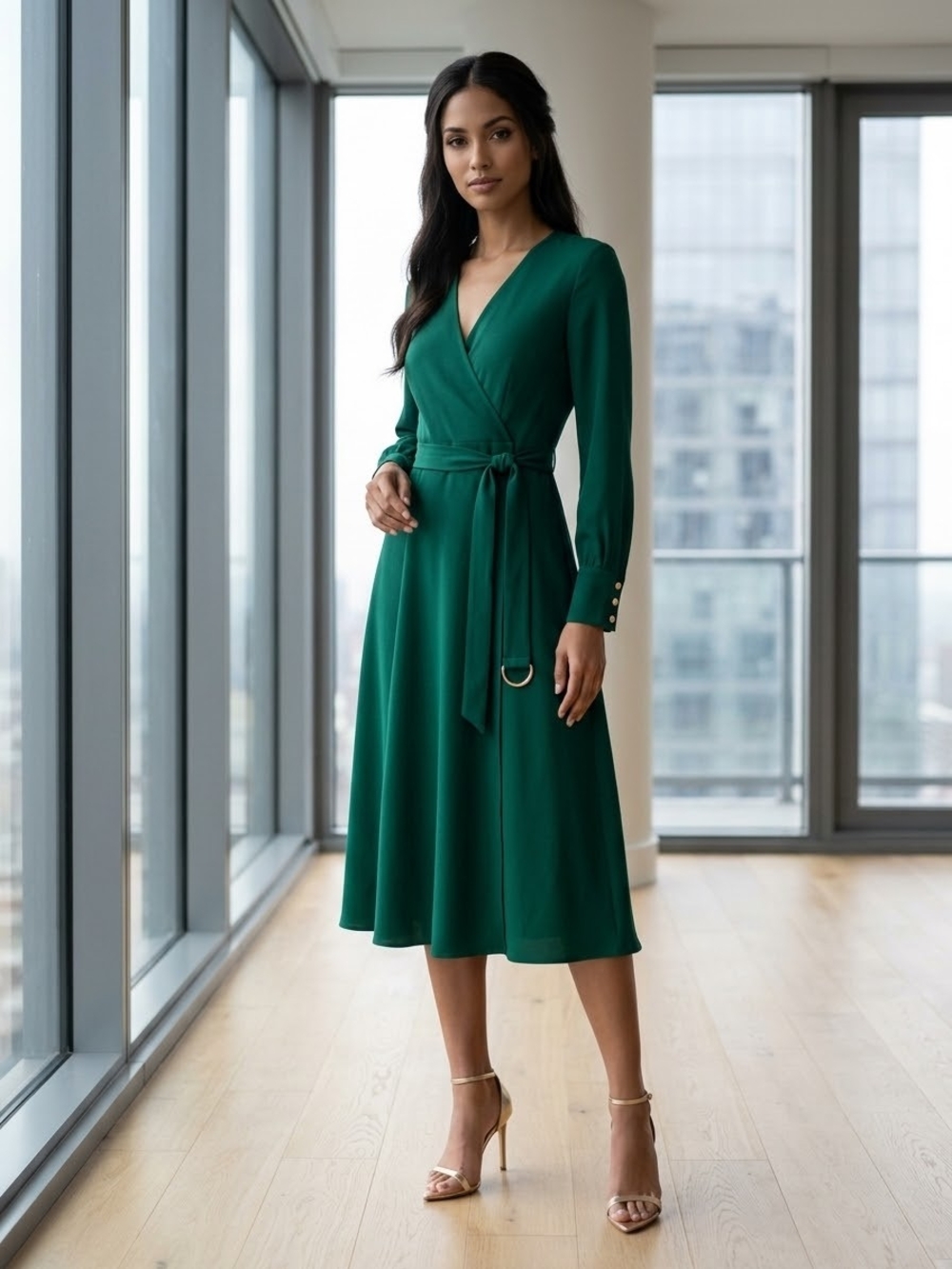 H&M Elegant Emerald Wrap Midi Dress with Tie Waist - S